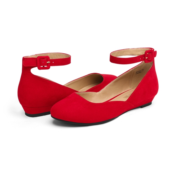 Comfortable Ankle Strap Low Wedge Flats - RED SUEDE - 4